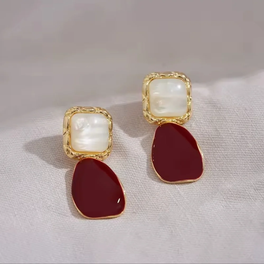 Gold and Red Drop Earrings